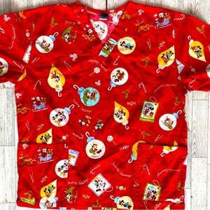 Disney Scrub Top Womens Large Christmas Ornaments Mickey Minnie Mouse Pockets